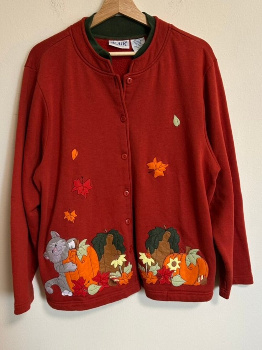 Vintage Blair Red Fleece Cardigan Embroidered Autumn Fall Cat Pumpkin Sz L EUC